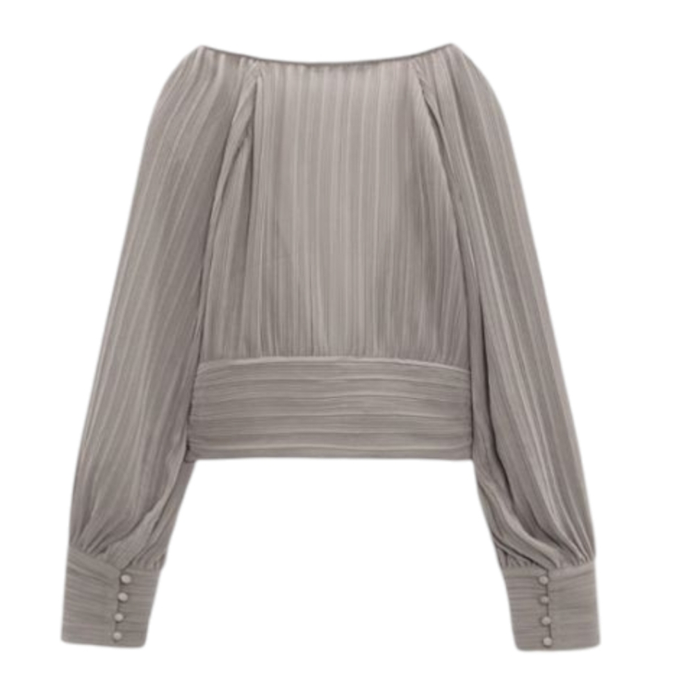 ZARA Taupe Silky New w/Tags Crop Knotted Pleated Blouse Top S - Picture 5 of 6